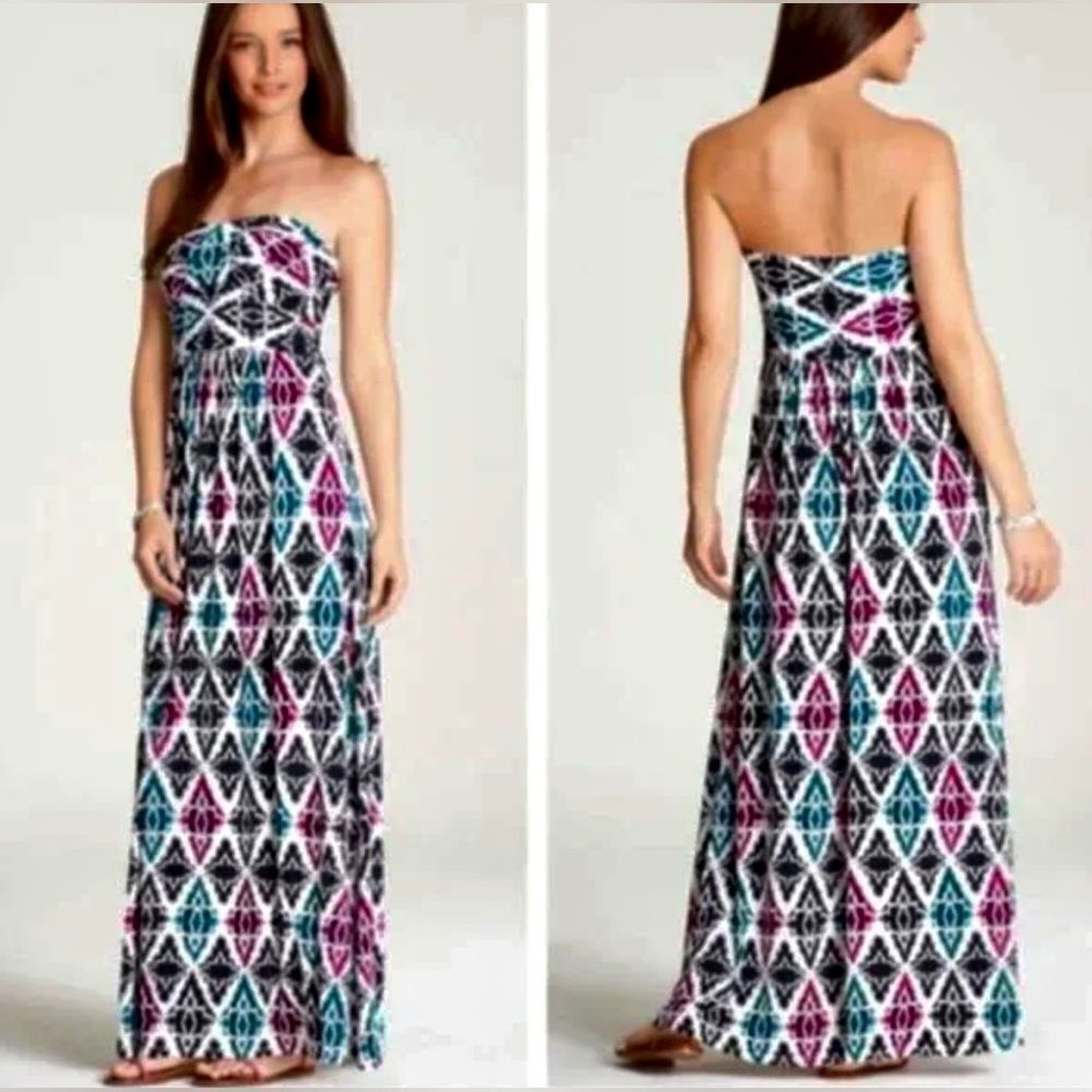 Ann Taylor Petites Strapless Multicolor Abstract Print Flowy Maxi Dress. XXSP.